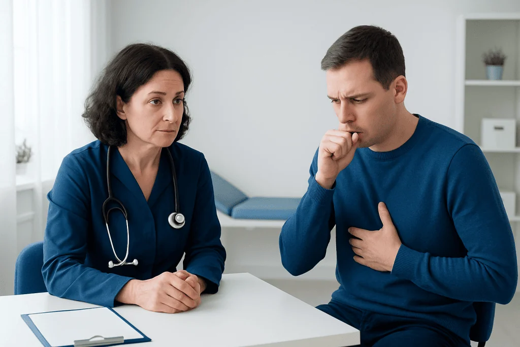 Doctor consulting with a patient about health concerns in a medical office.