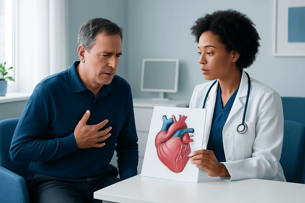 Doctor explaining heart health to patient with heart model.
