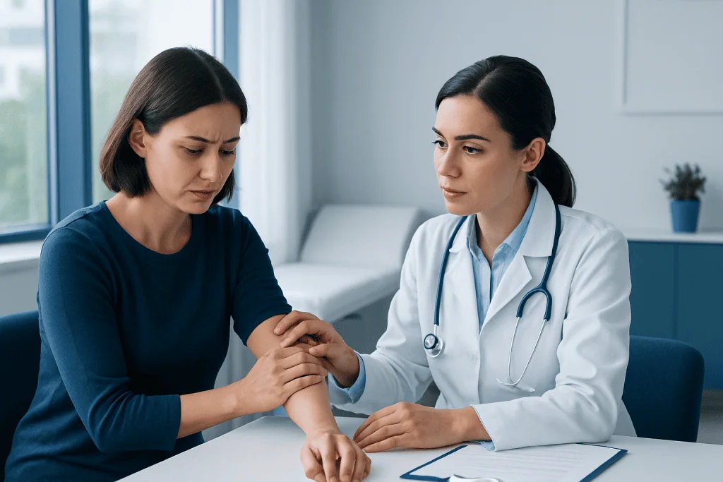 Doctor examining patient's arm in a medical consultation room.