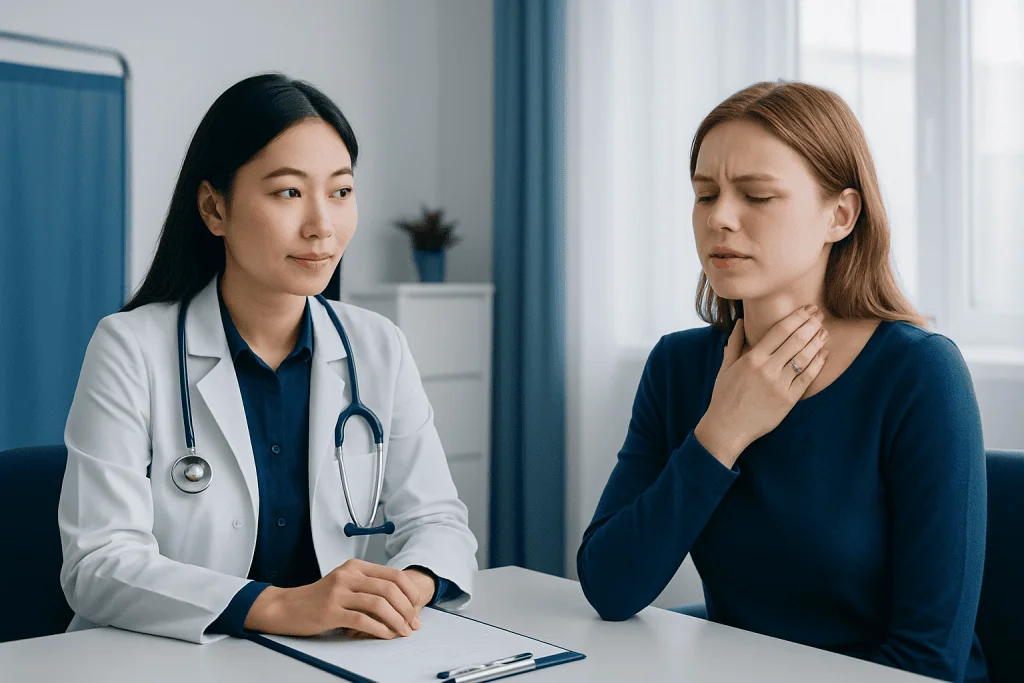 Doctor consulting a patient with sore throat in a medical office.