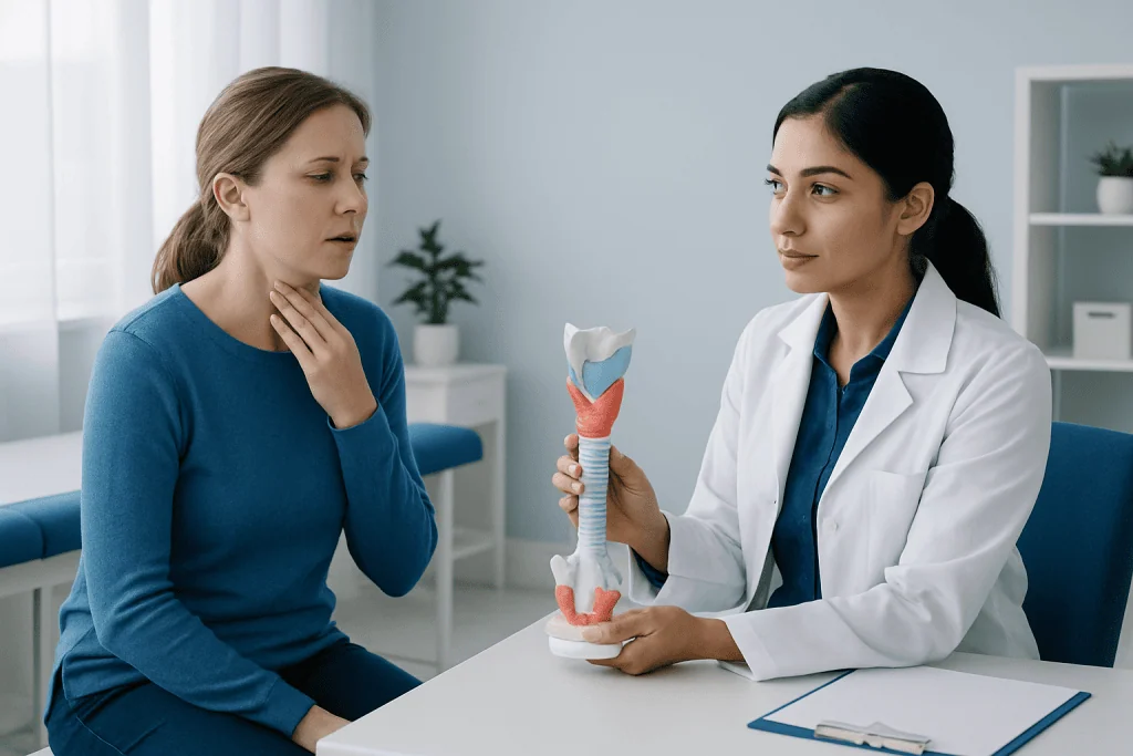 Doctor explaining larynx anatomy to patient in consultation room.