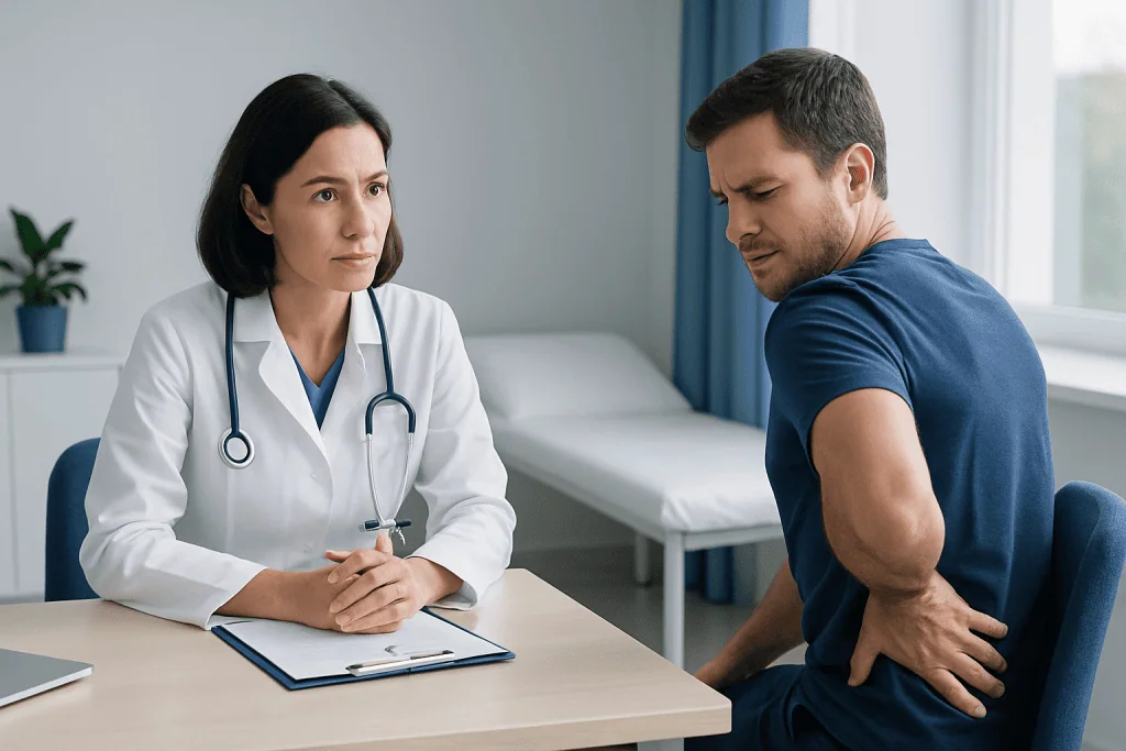 Doctor consulting patient with back pain in a medical office.