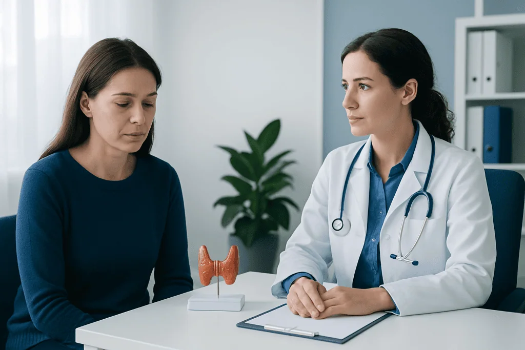 Endocrinologist explains thyroid health to patient in clinic setting.