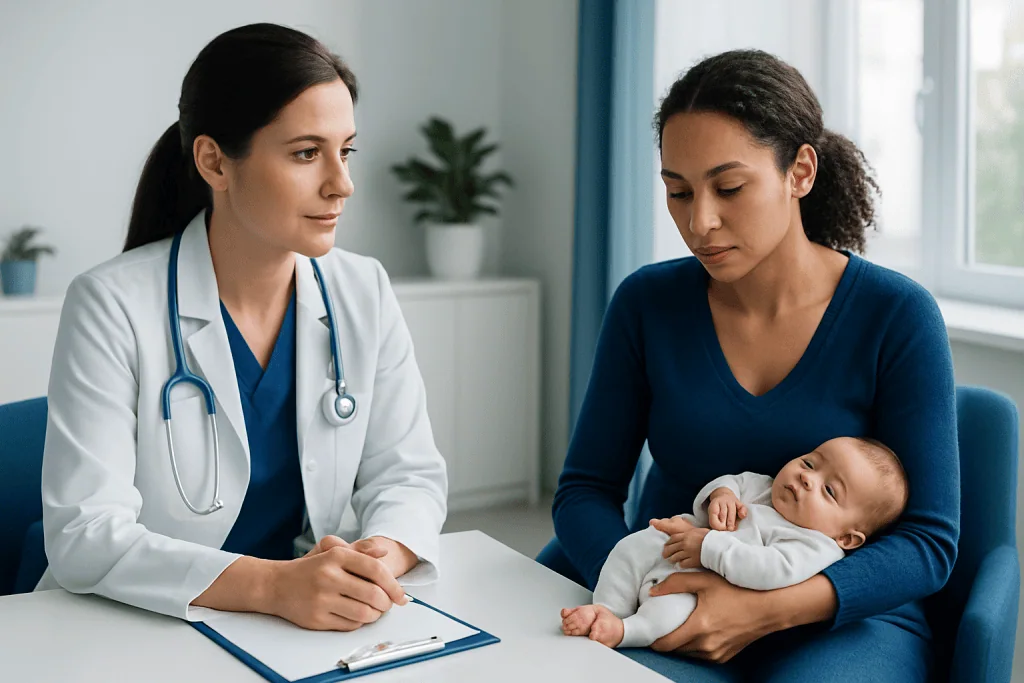 Doctor consulting with mother and newborn in hospital setting.