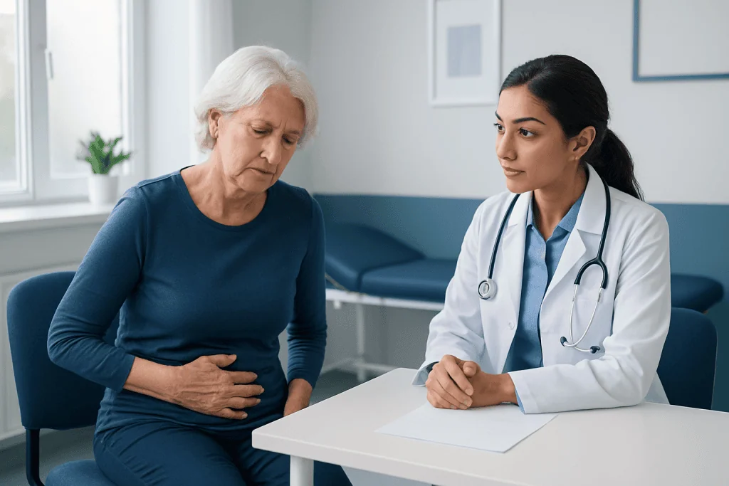 Doctor consulting with elderly woman in hospital setting.