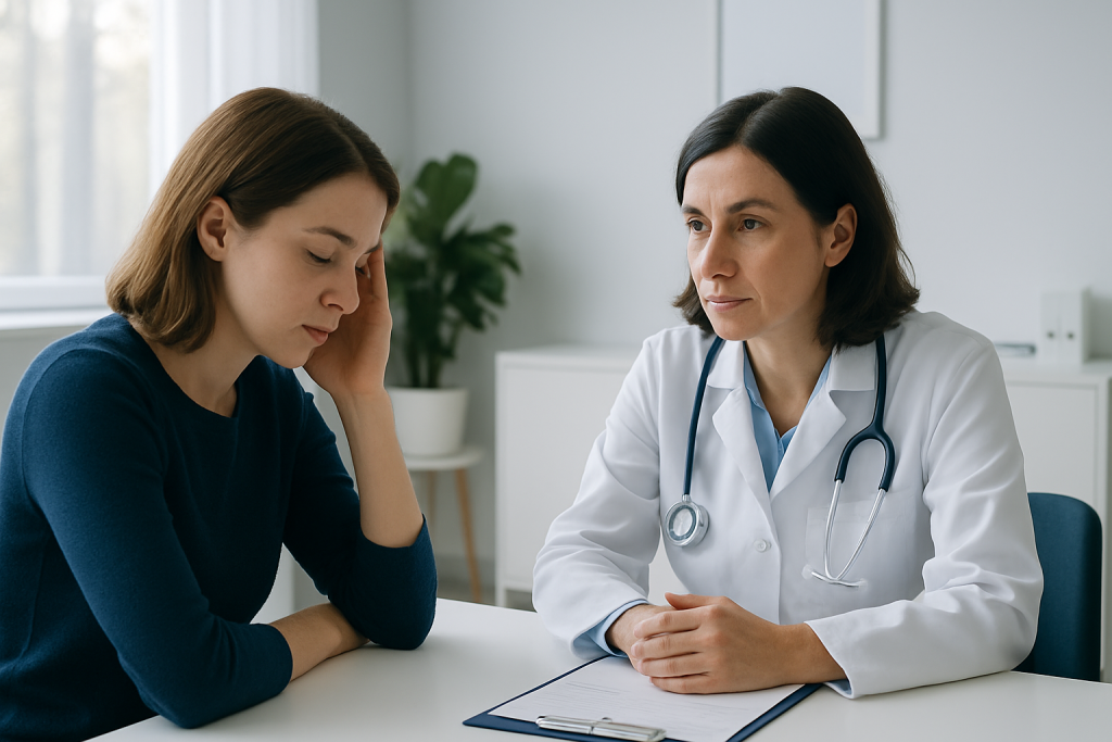 Doctor consulting with a young woman about health concerns in a medical office.