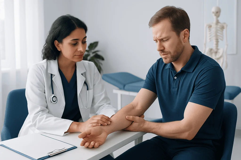 Doctor examining patient's lower arm in a medical consultation room.