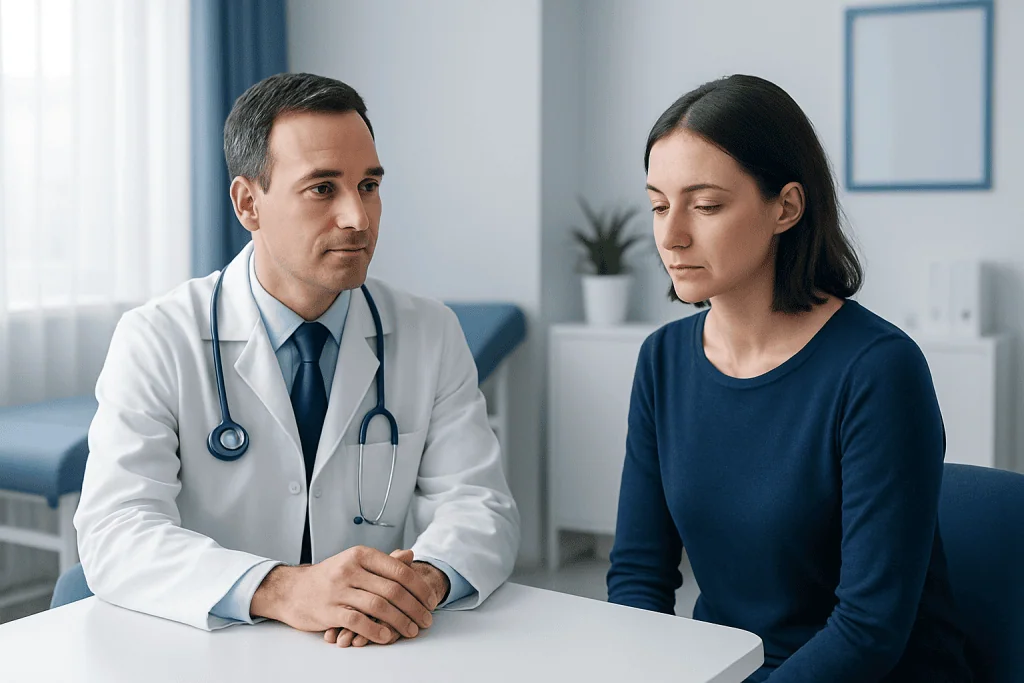 Doctor consulting with a female patient in a medical office.