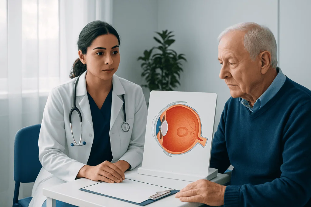 Ophthalmologist explaining macula health to elderly patient with eye diagram.