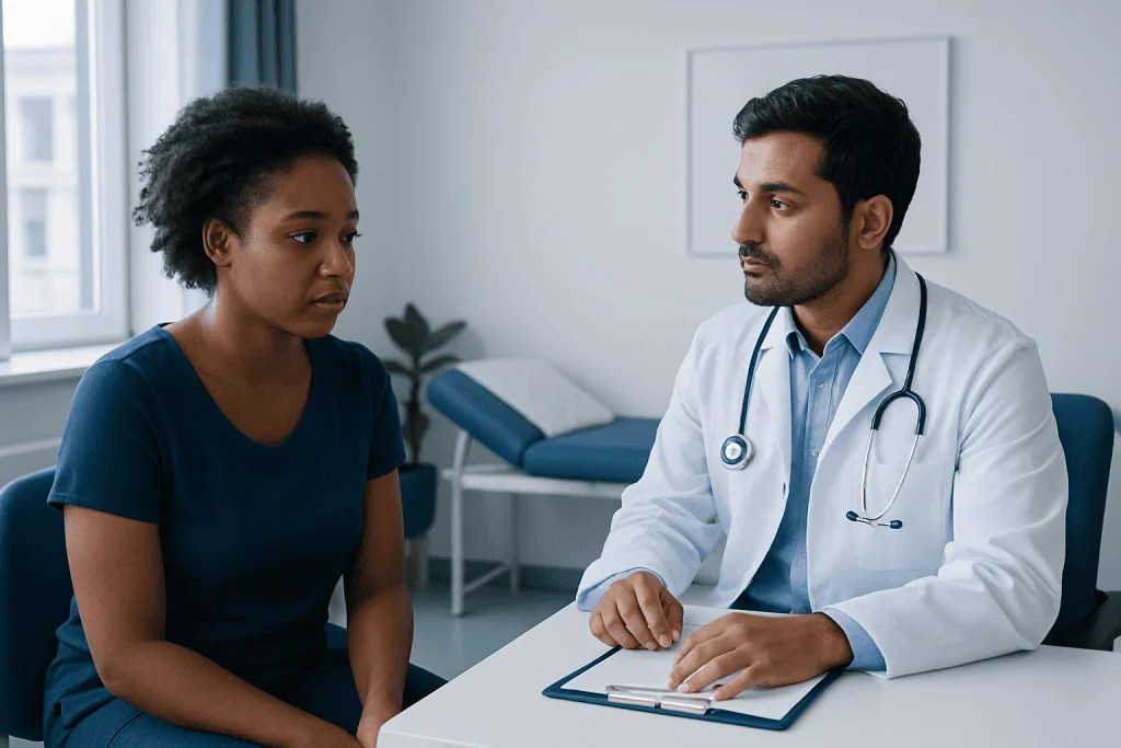 Doctor consulting with a patient in a medical office setting.