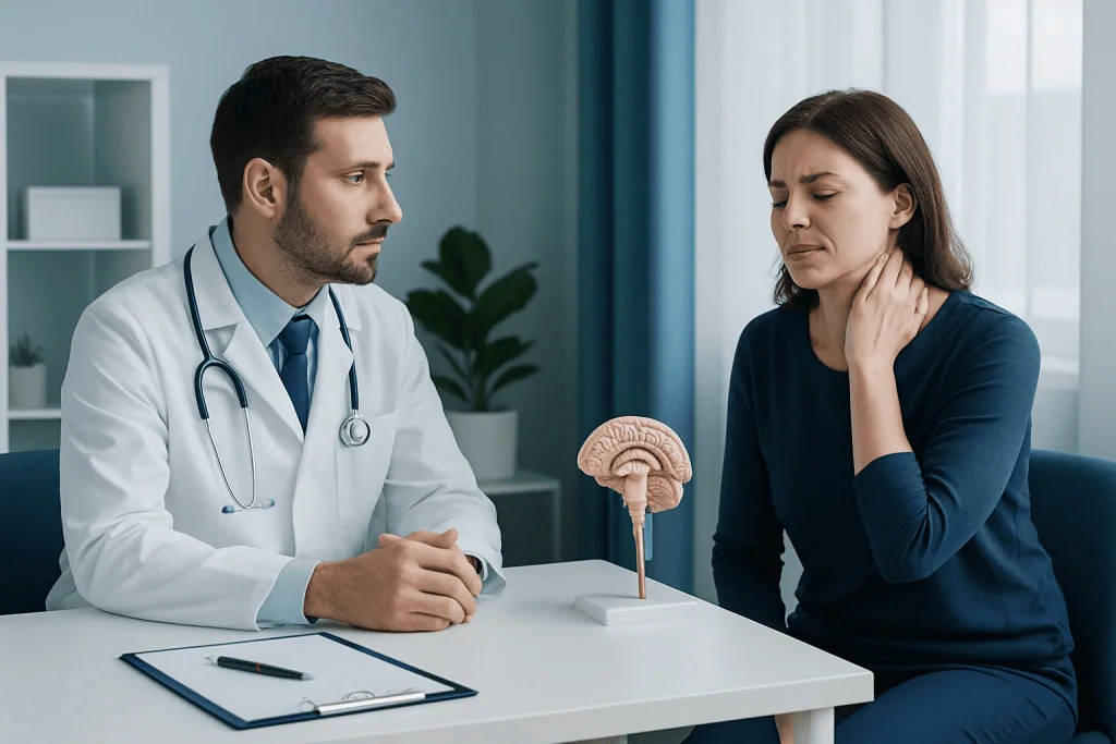 Doctor explaining brain health to patient with brain model in clinic.