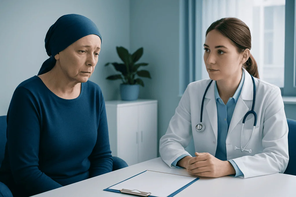 Doctor consulting with a patient in a hospital room.