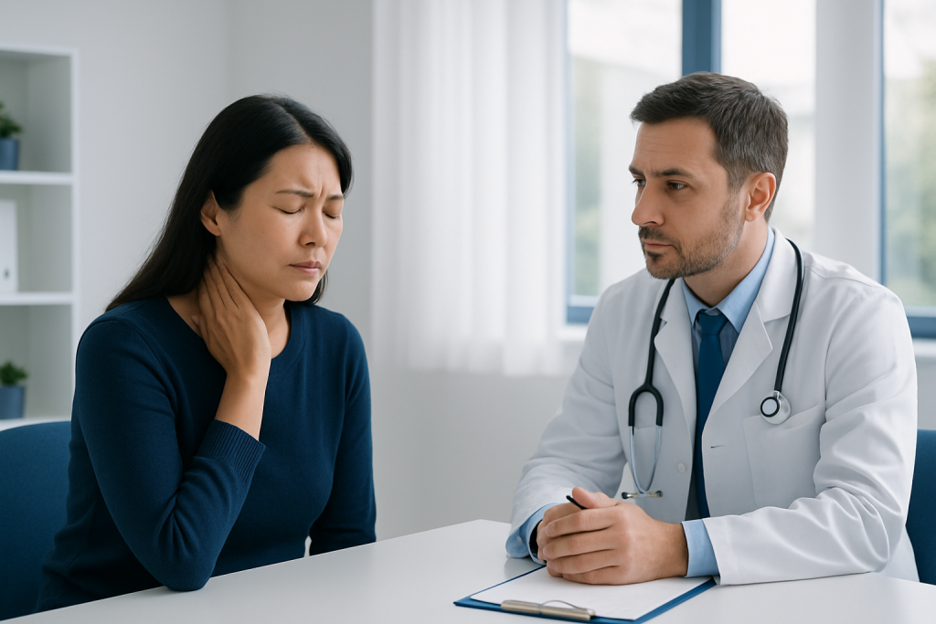 Doctor consulting with a woman patient about neck pain in a medical office.
