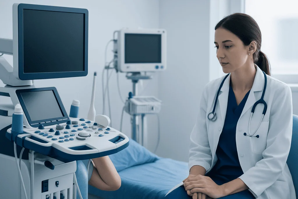 Medical professional in a hospital room with ultrasound and monitoring equipment.