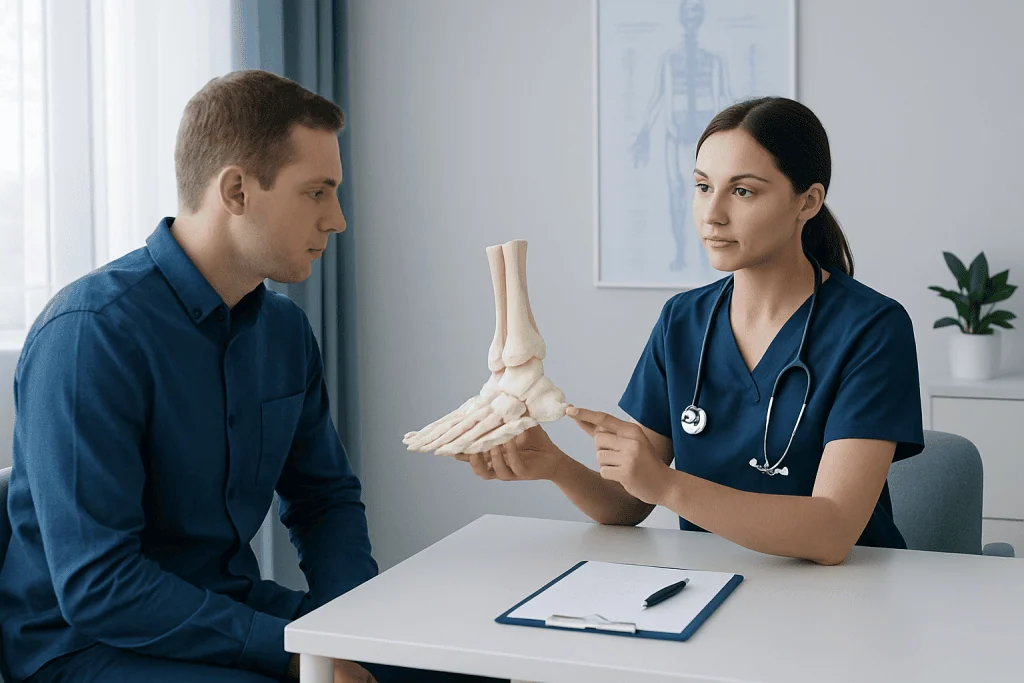 Medical professional explains navicular bone to patient with foot model.