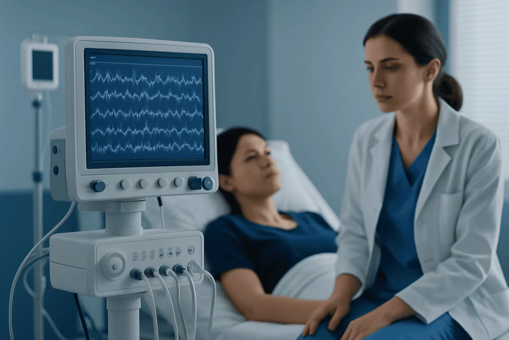 Doctor monitoring patient with EEG in hospital room.