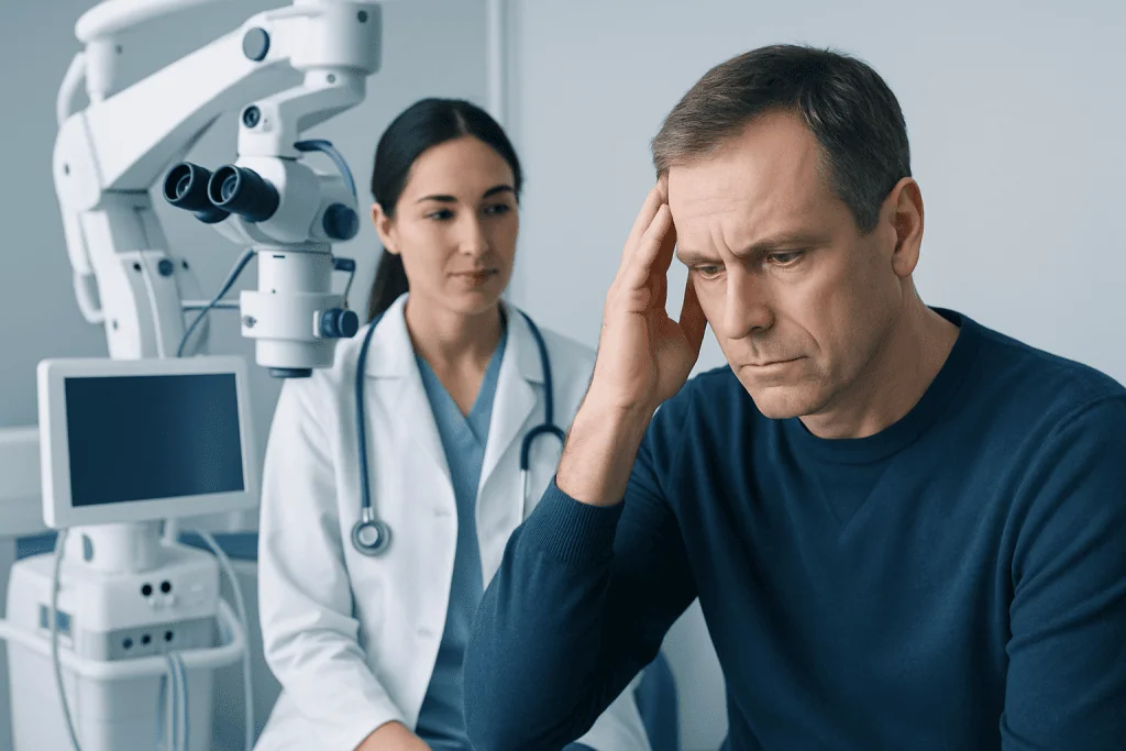 Patient experiencing headache during neurological examination at Acibadem Hospital.