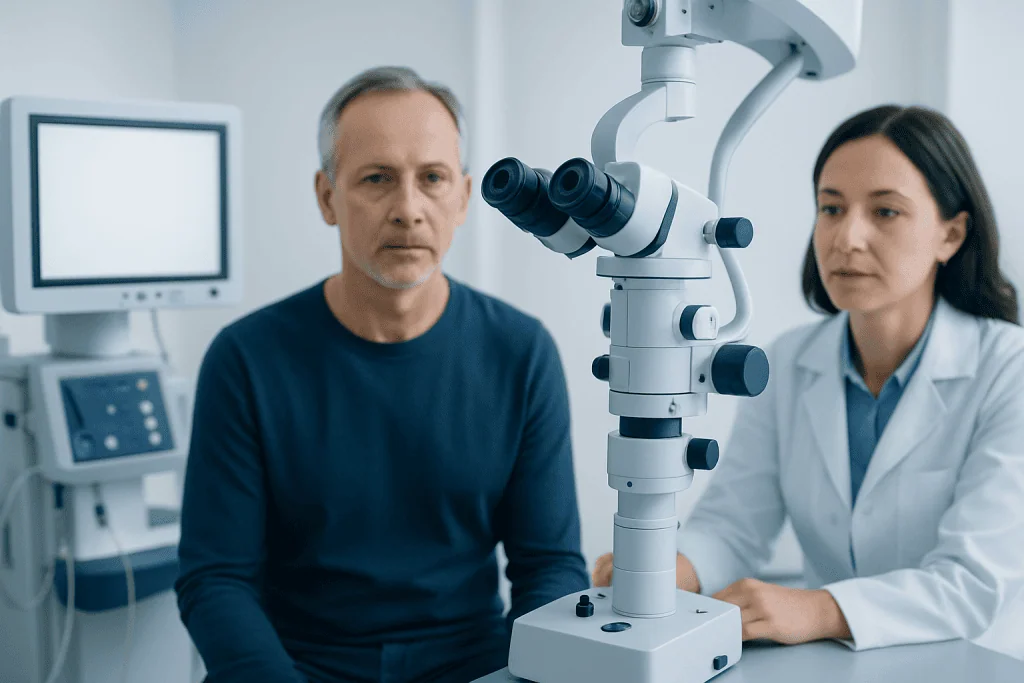 Doctor and patient in a medical examination room with a microscope.