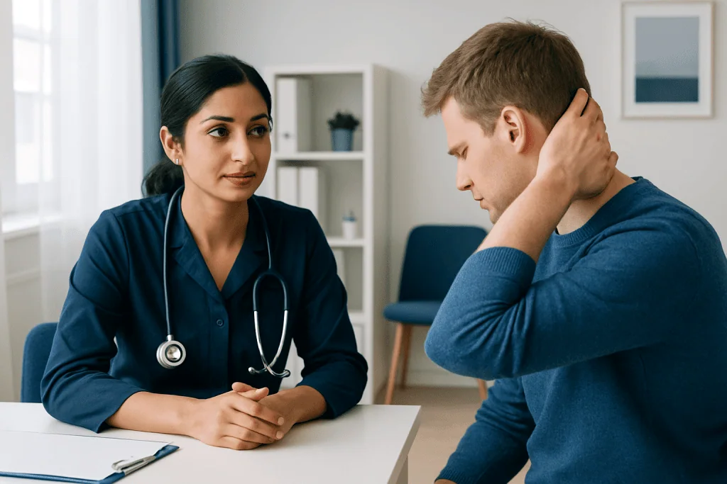 Doctor consulting with a patient in a medical office setting.