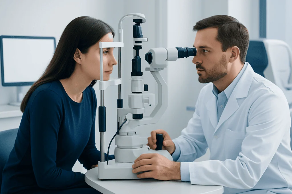Optometrist examines patient's eye with slit lamp in clinic setting.