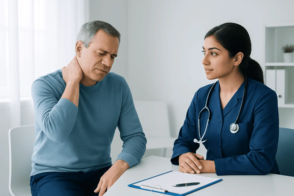 Doctor consulting with a patient experiencing neck pain at a hospital.