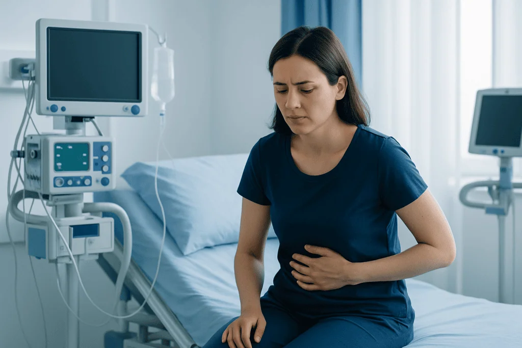 Woman experiencing abdominal pain in hospital room with medical equipment.