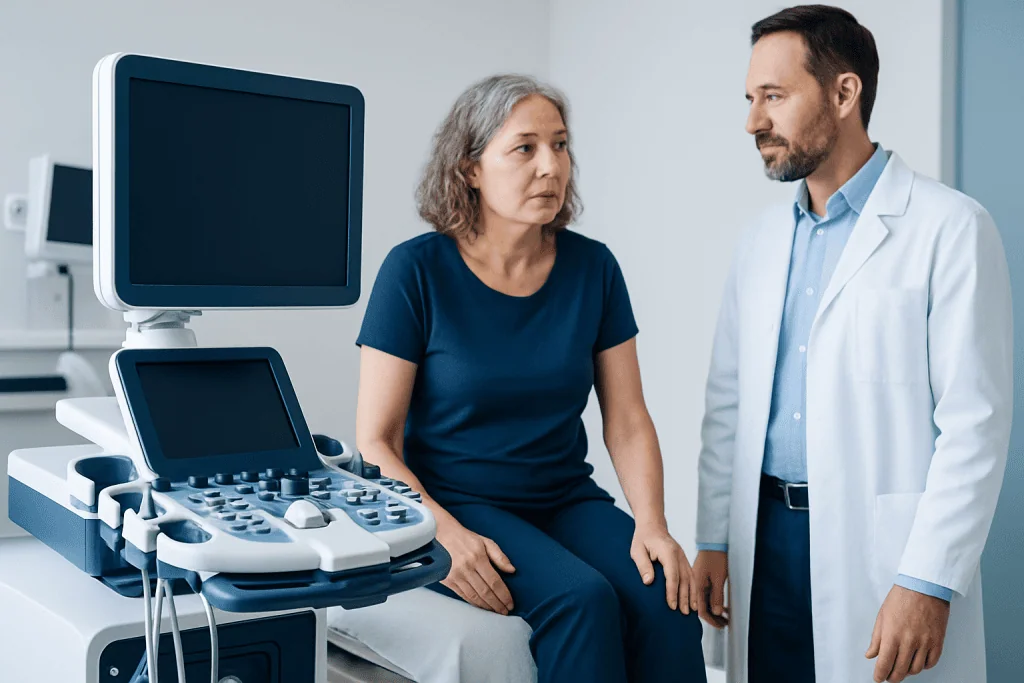 Doctor explaining circulation test results to a patient in a hospital.