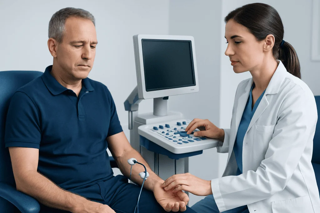 Doctor performing nerve test on patient in medical clinic setting.