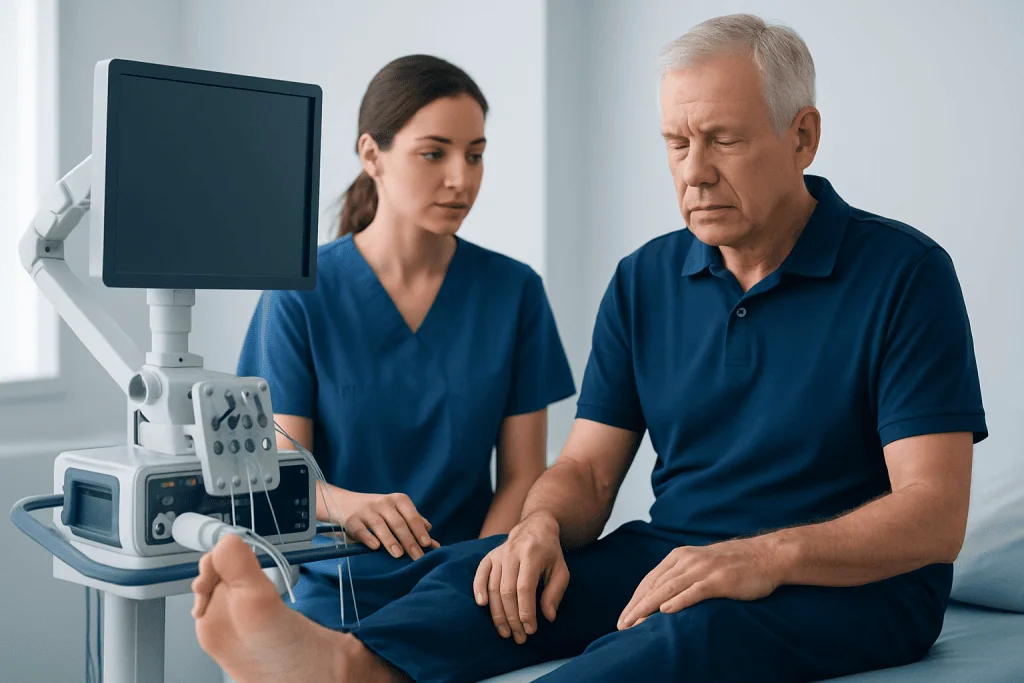 Doctor examining patient's foot with medical equipment in clinic.