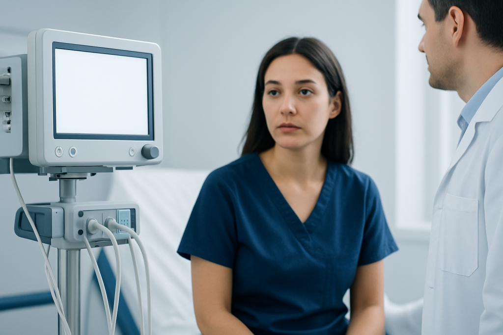Medical consultation with a female patient and doctor in hospital room.