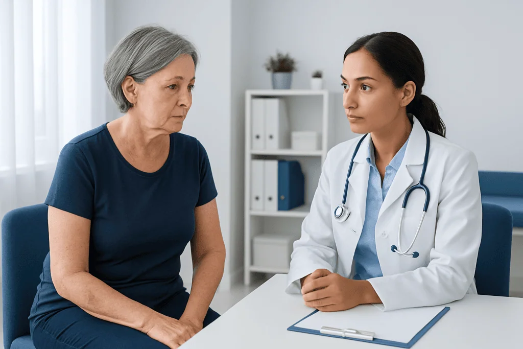 Doctor consulting with an elderly female patient in a medical office.