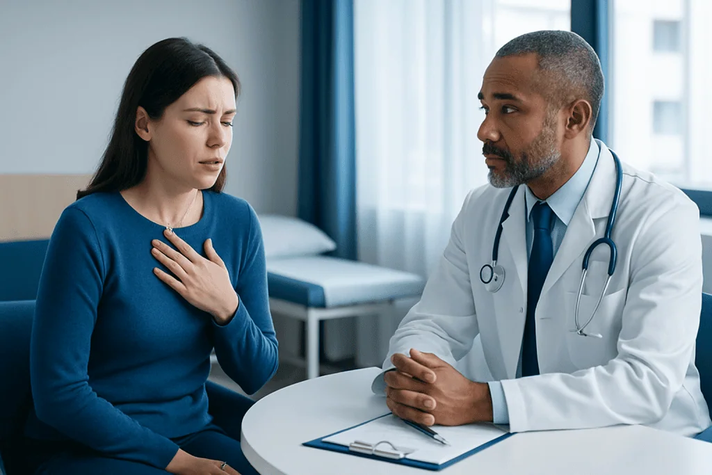 Doctor consulting with a woman patient in a hospital room.