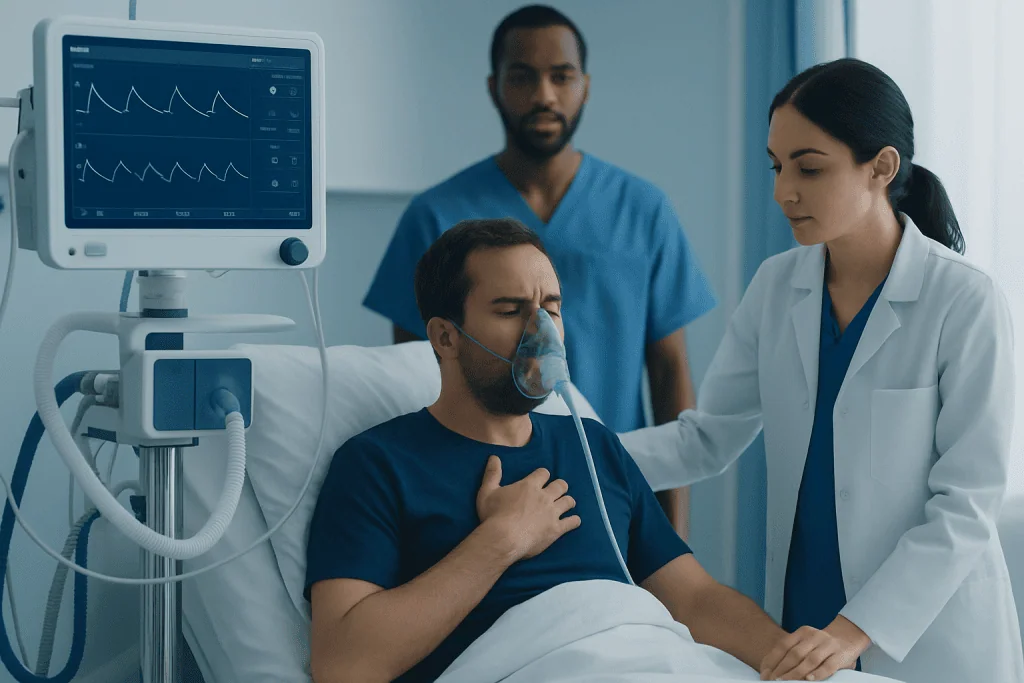 Patient with oxygen mask in hospital bed with medical staff monitoring.