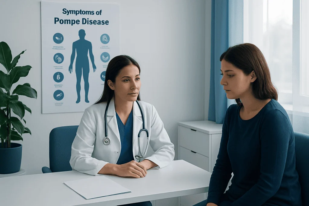 Doctor consulting with patient about Pompe Disease symptoms in a clinic.