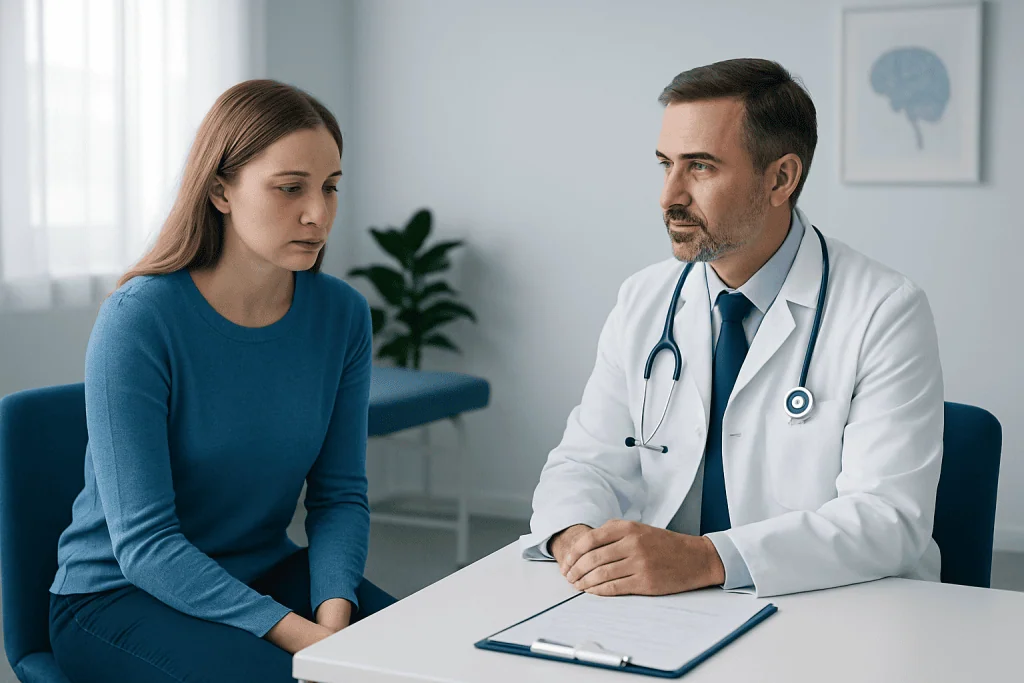 Doctor consulting with a young woman in a medical office setting.