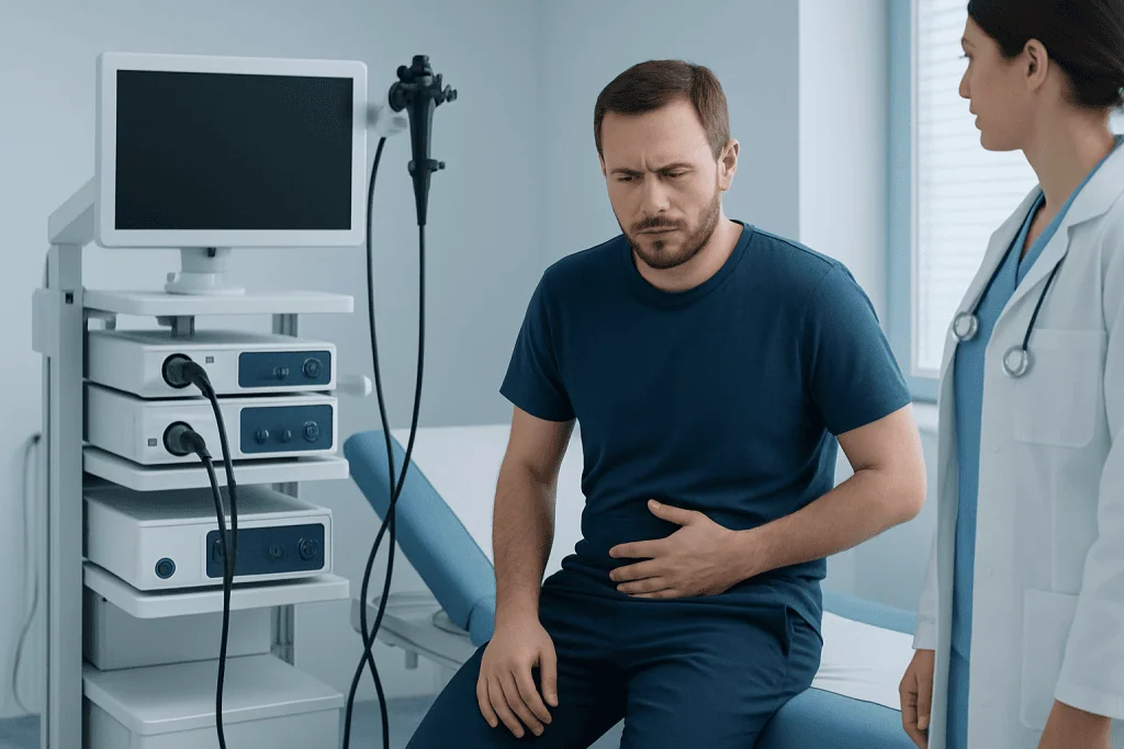 Man experiencing abdominal pain during medical consultation at hospital.