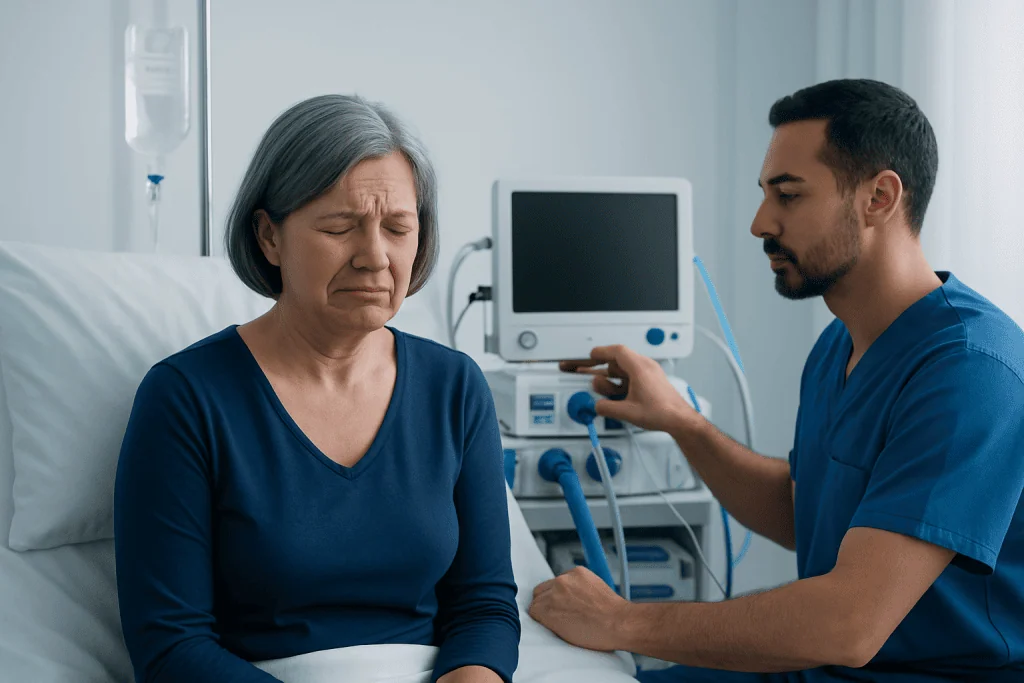 Doctor examining a woman with neurological symptoms in hospital.