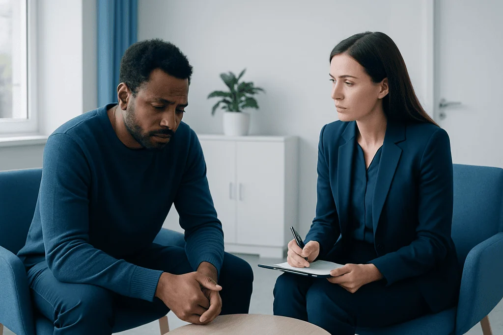 Therapist and patient in a counseling session discussing mental health.