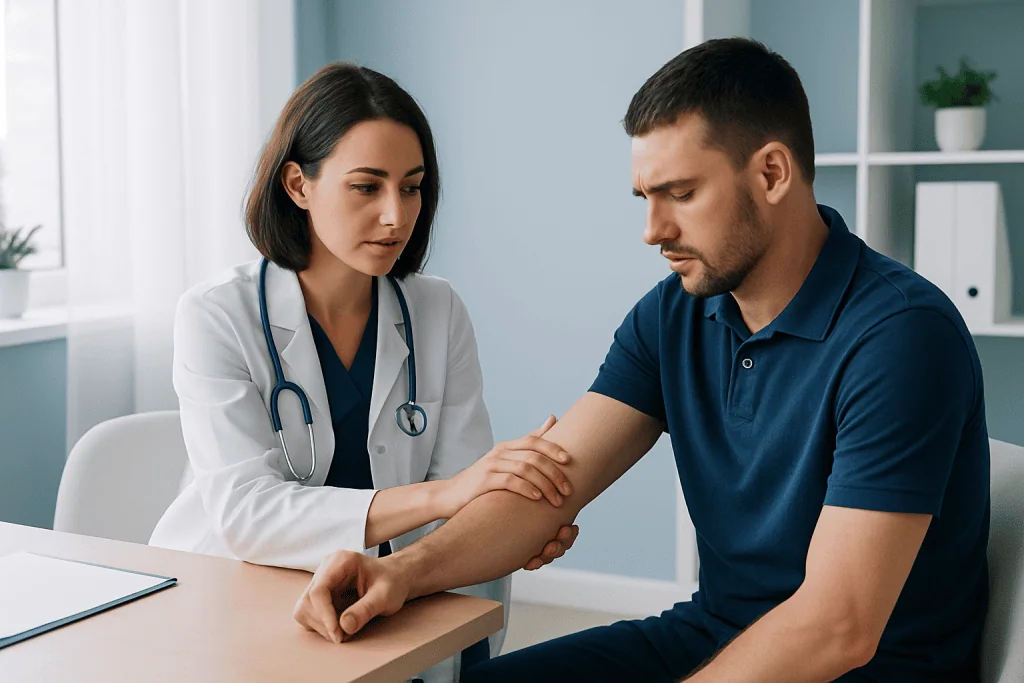 Doctor examining patient's arm in a medical consultation setting.