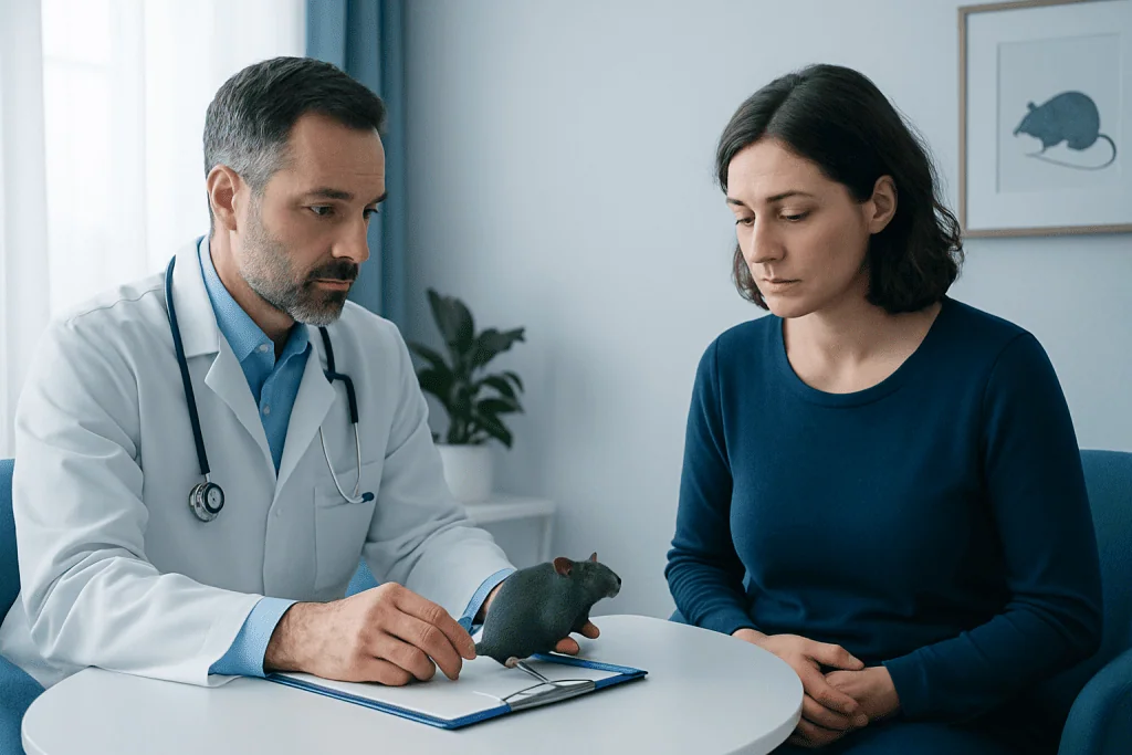 Doctor consulting with a woman about rat poisoning symptoms and treatment.
