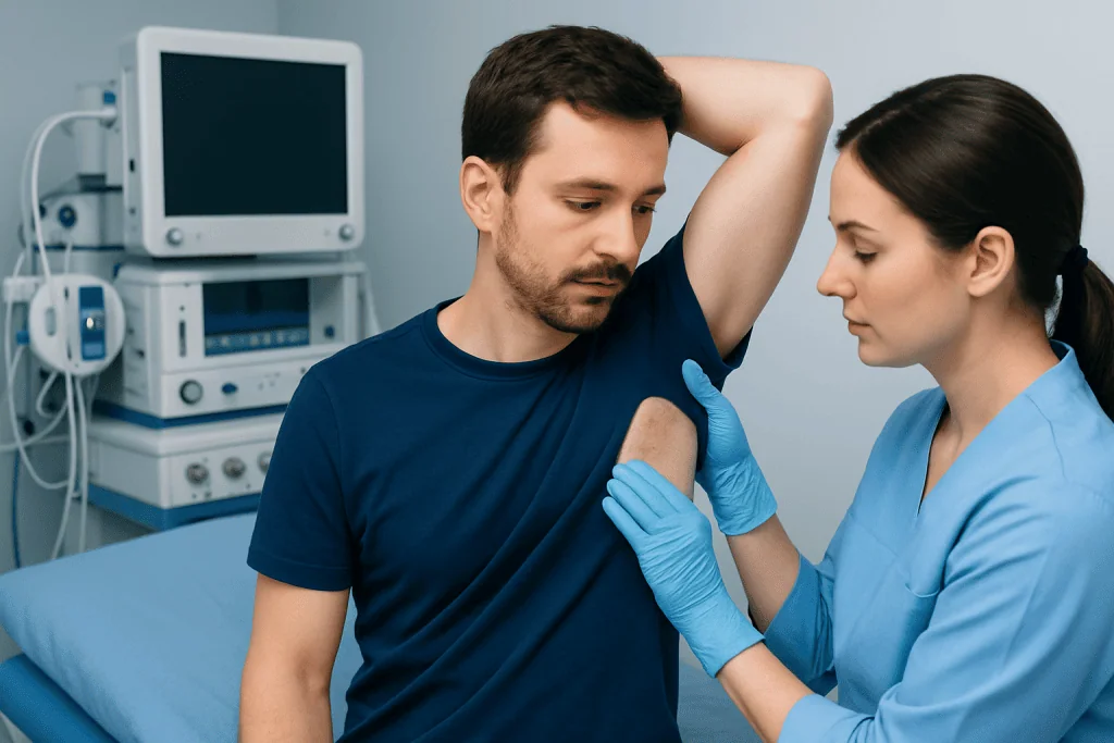 Doctor examining a man's armpit for skin issues in a clinical setting.