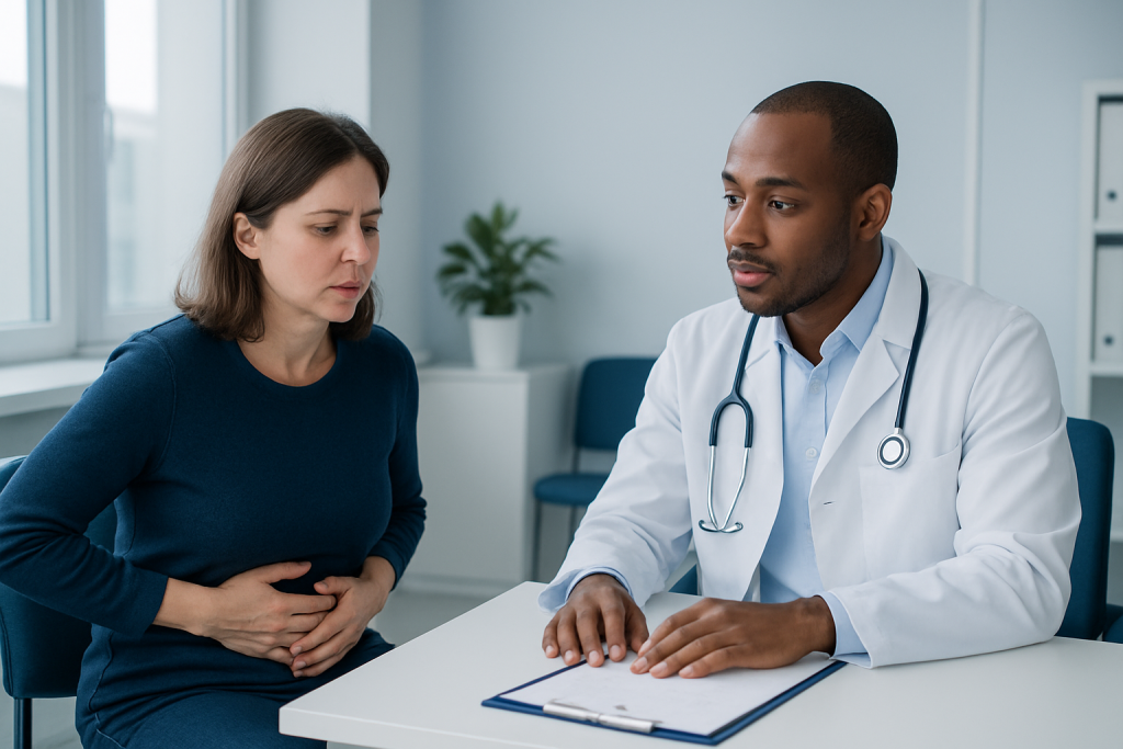 Doctor consulting with a patient about health concerns in a medical office.