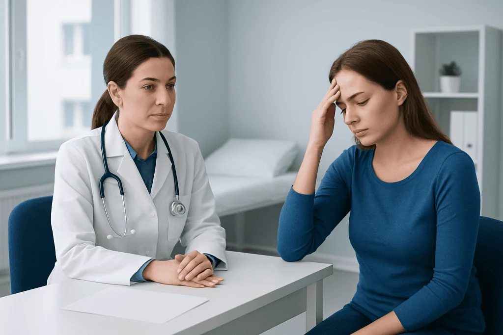 Doctor consulting a patient with headache in a medical office.