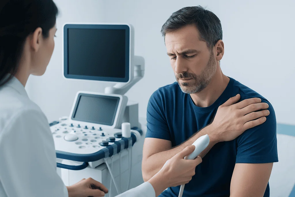 Doctor examines shoulder pain in a patient using ultrasound imaging.