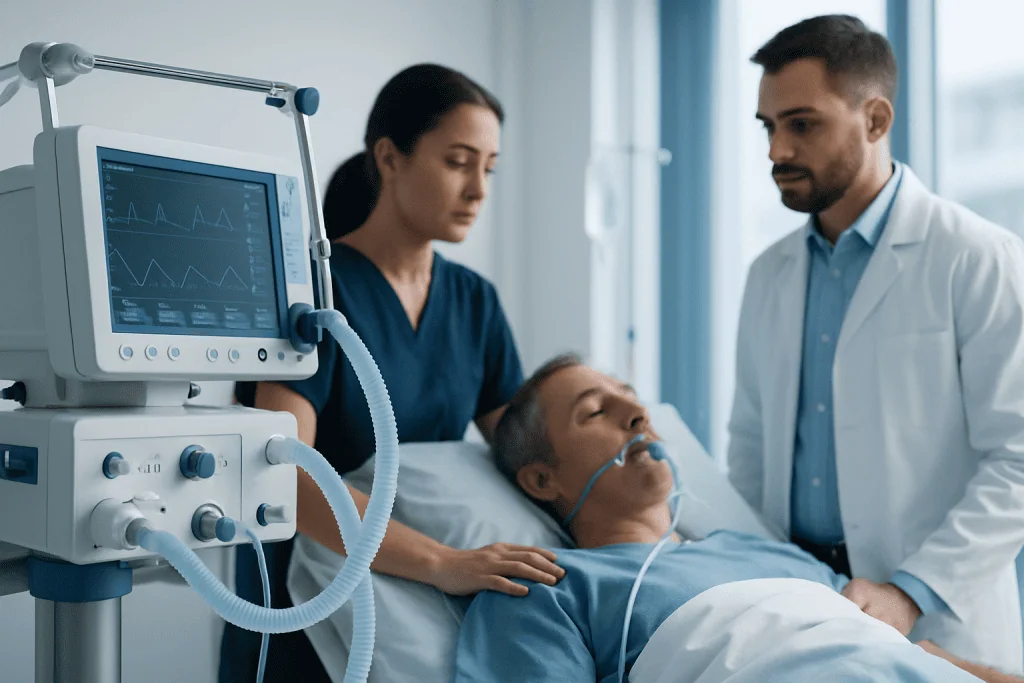 Medical team monitoring a patient on ventilator in hospital ICU.