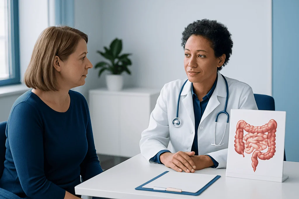 Doctor consulting patient about colon health and treatment options.