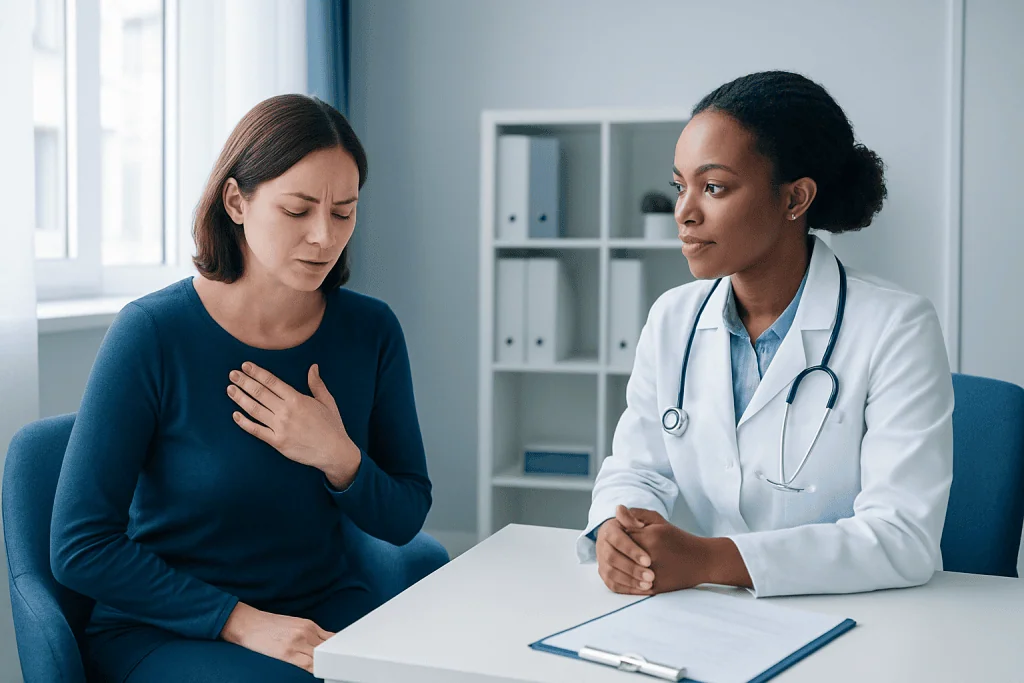 Woman experiencing chest pain during medical consultation with doctor.