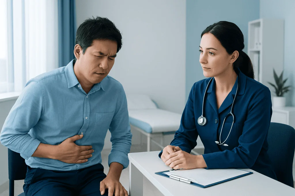 Patient experiencing stomach pain during medical consultation at hospital.