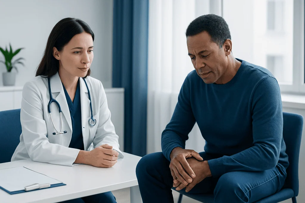 Doctor consulting with patient about joint pain and treatment options.