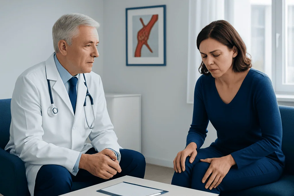 Doctor consulting with a patient about thrombus in a medical office.